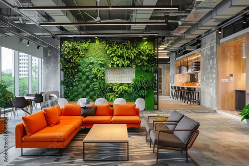 Modern co working office with relaxing green vertical plant wall for a tranquil work environment