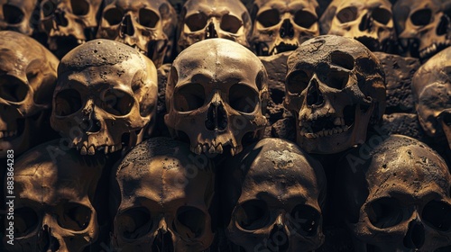 Pile of death human skulls and bones of dead in ancient crypt grave burial. Skeletons in a dark scary catacombs dungeon