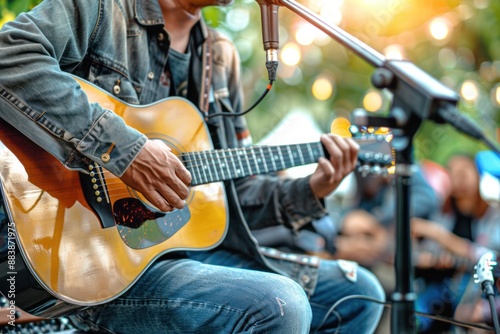 A man sitting play acoustic guitar on the outdoor concert with a microphone stand in the front, musical concept