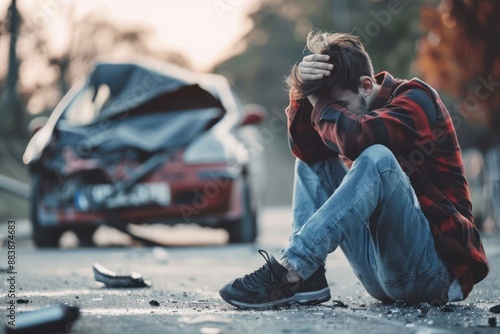 a close up upset person sitting on the road against the background of her car, which was wrecked in an accident