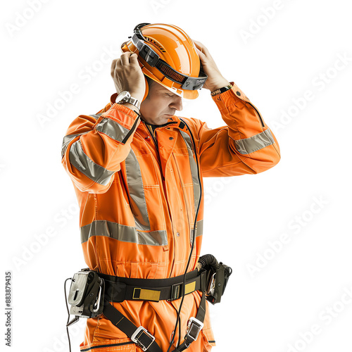 Construction worker in orange safety uniform putting on helmet and earmuffs, isolated on white background.