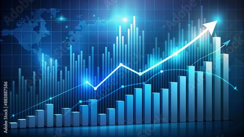 Upward trending financial growth chart with rising bars and ascending arrow, surrounded by stock market analytics and trading graphs on dark blue background.