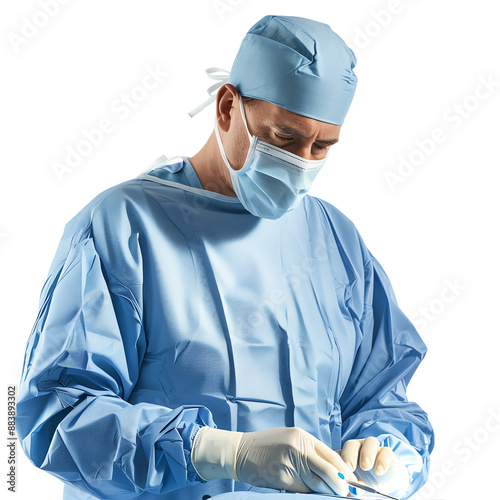 A surgeon in blue scrubs and mask performing a medical procedure in a sterile environment.