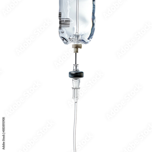 Close-up of an IV drip set with a clear fluid bag, used for medical treatments, hydration, and intravenous therapies in healthcare settings.