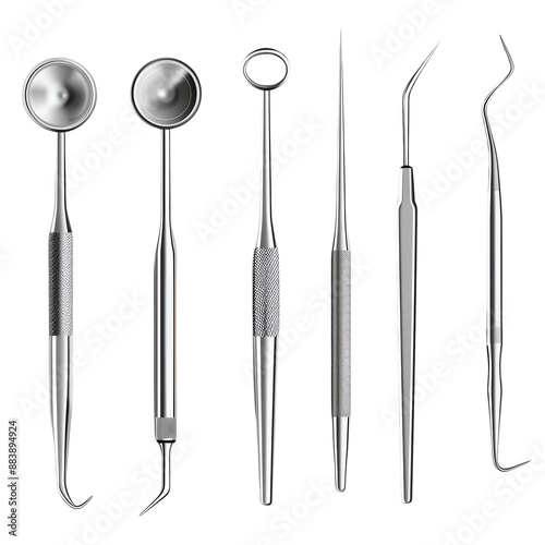 Set of six stainless steel dental instruments including mirrors and probes, commonly used by dentists for oral examinations.