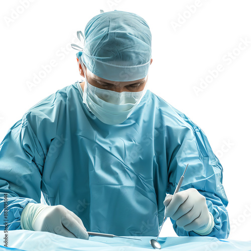 Surgeon in blue scrubs and mask performing surgery in a sterile operating room, concentrating on precision and patient care.