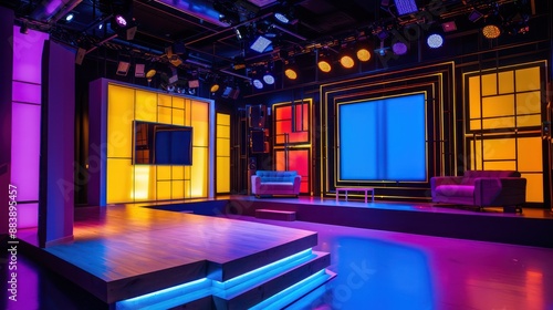 Television studio set decorated for a talk show or game show.