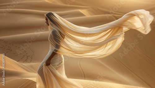 Enigmatic woman with veil in desert oasis lady of the dunes, mysterious and captivating