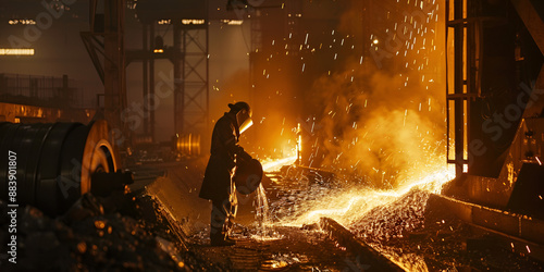 workers at a metal foundry One worker is holding a molten metal ladle.