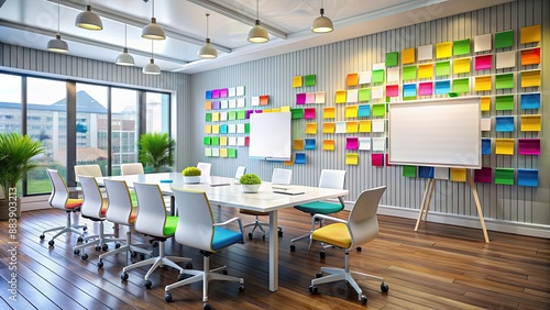 Creative advertising agency brainstorming room, whiteboards filled with colorful ideas , brainstorming, agency, dynamic