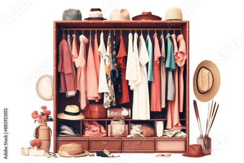 A dream wardrobe filled with designer clothing and accessories, isolated on a white background