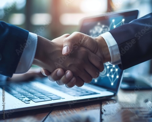 Virtual handshake on laptop joint venture, data exchange, customer connection, teamwork