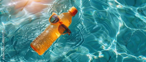 Orange water bottle with sunglasses floating in a refreshing swimming pool under the sun, creating a perfect summer vibe and vacation feeling.