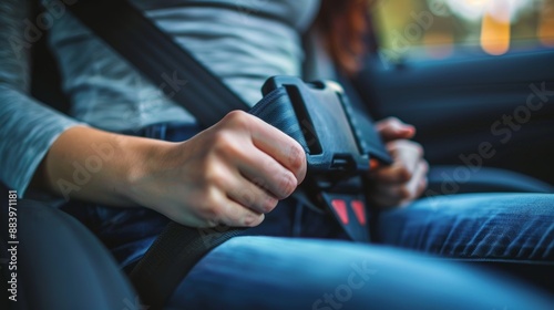 Close-up of a person buckling a seatbelt in a car for safety. Emphasizes road safety and responsible driving practices.