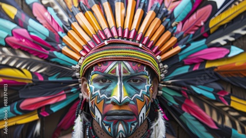 A man with a colorful face paint and a feather headdress