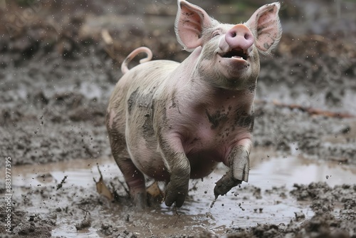 porcine paradise jubilant overweight pig frolics in mud splattering joy in every direction