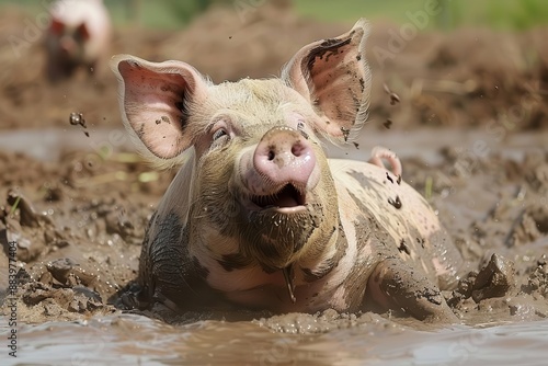 porcine paradise jubilant overweight pig frolics in mud splattering joy in every direction