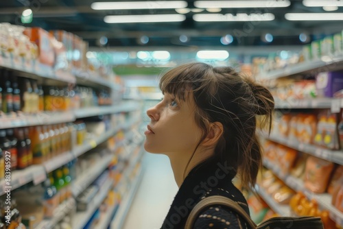 woman shopping in a supermarket aisle examining products with concerned expression the scene highlights rising food costs and inflation capturing a relatable moment of everyday life