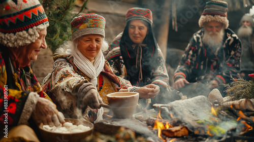 Slavic people celebrating seasonal changes with rituals to Perun and Mokosh, natural and festive, left third copy space