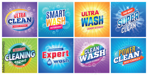 Detergent badges. Laundry washing packages logo templates recent vector laundry product identity