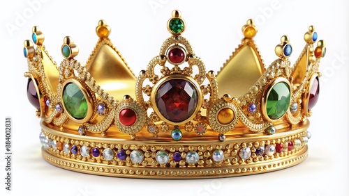 Majestic gold and precious gemstone-encrusted crown, symbolizing power and grandeur, sits regally on a pristine white background, evoking luxury and historical significance.