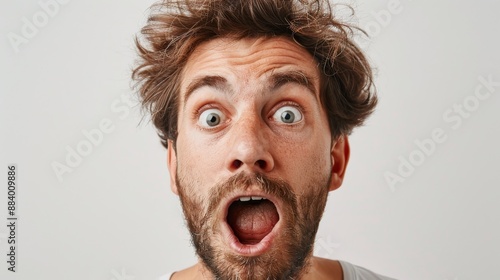 Bearded man with messy hair looking shocked and surprised