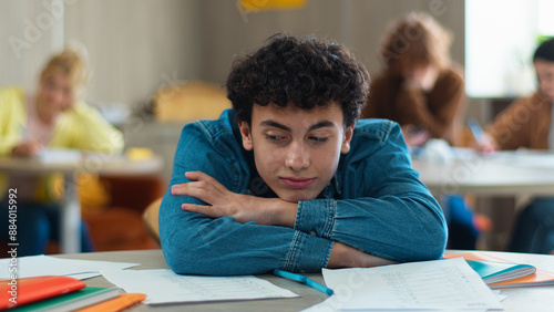 Tired sleepy napping exhausted fatigued overworked overload pupil teen boy teenager sleep student guy teenage generation man male schoolboy health problem boring class lesson sleeping at table school