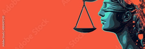 Blindfolded Justice Statue with Scale Against Vibrant Orange Background - Artistic representation of a blindfolded justice statue holding scales, set against an orange background, symbolizing law and 