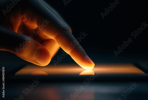 close-up finger gently pressing a soft glowing button on a touchscreen device