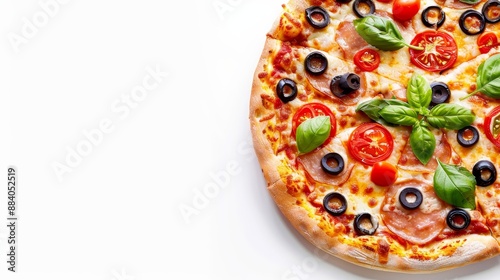 Delicious Italian Pizza with Fresh Basil and Toppings on a White Background - A delicious Italian pizza topped with fresh basil, tomatoes, olives, and cheese on a white background, highlighting a cris