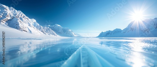 Peaceful icy landscape with sunlight reflecting on frozen water surface and surrounding snowy mountains under clear blue sky.