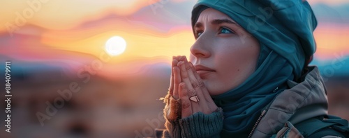 Woman Praying at Sunrise, Hope, Faith, and Inspiration in the Golden Hour, A Beautiful Image of Peace and Serenity