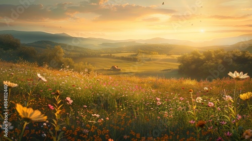 Golden sunlight paints vibrant meadow, mountains kissed by sunrise and sunset, nature's canvas in bloom