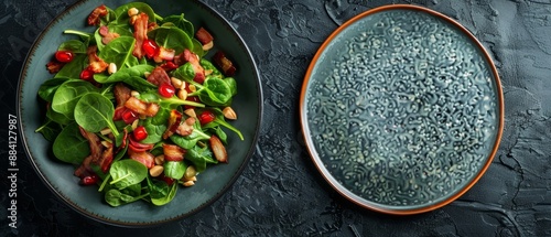  A plate of spinach salad, adjacent to a bowl of spinach sprouts and pomegranates