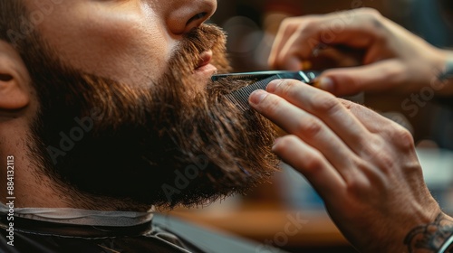 Barbershop: Close-up of a Man Getting His Beard Trimmed