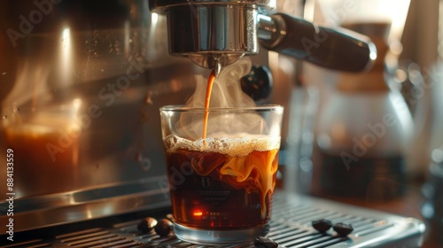 A stream of steaming hot coffee is being dispensed from an espresso machine into a clear glass cup, with the steam creating a warm and inviting atmosphere in a cozy kitchen.