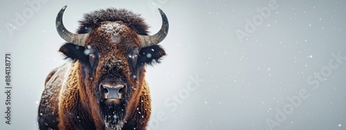  A bison, its massive horns jutting out against the winter backdrop, stands in a snowy field Flakes gently fall upon its thick coat, dusting the image with