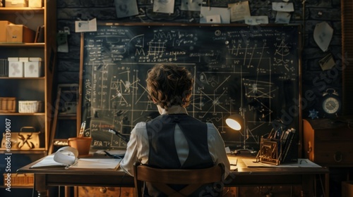 A person immersed in solving complex mathematical problems at their desk, surrounded by chalkboards filled with equations, diagrams, and notes, representing intellectual endeavor and curiosity.