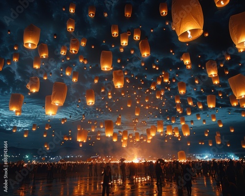 Create a high-quality photograph of devotees releasing sky lanterns in the night sky, symbolizing peace and enlightenment on Vesak Day.