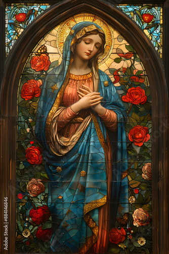 Virgin Mary, religious painting stained glass illustration. The image of the Blessed Virgin Mary on an artistic stained glass window.