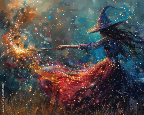 Create a surrealistic painting of a fairy godmother casting a spell with her wand, with magical sparkles and light surrounding her.