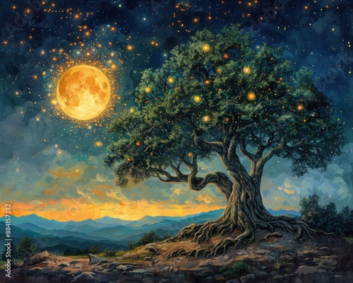 Create a surrealistic painting of a sacred tree with roots that extend into the stars, representing the connection between earth and sky.