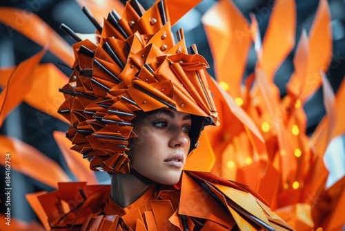 Futuristic fashion model in vibrant orange geometric outfit and headpiece, showcasing avant-garde design.