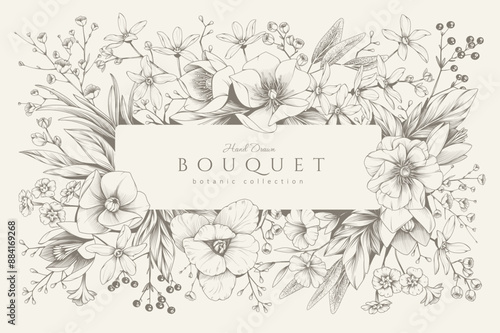 Background with detailed various flowers and foliage, intricate details and delicate forms. Hand drawn vector illustration with elegant botanical elements for invitation, save the date card