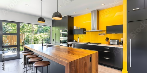 Contemporary Black And Yellow Kitchen With Wooden Countertops