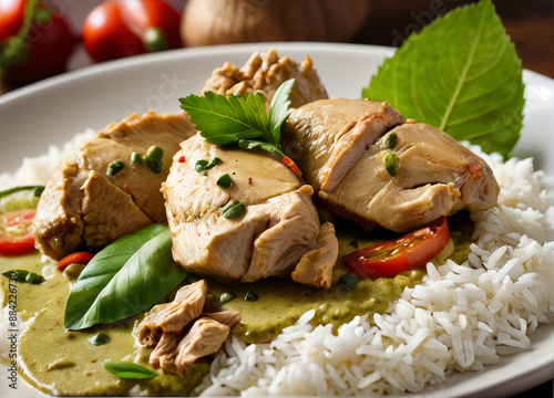 A serving of green curry with chicken, kaffir lime leaves, and a side of steamed rice, photographed in macro/close-up.