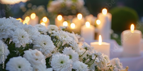 Funeral white flowers and white candles near the memorial outdoors close-up