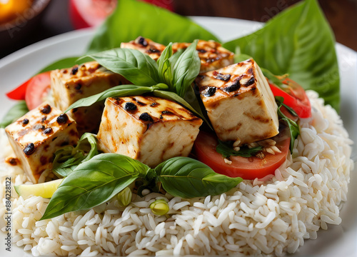 Pad Kra Pao with tofu, Thai basil, and a side of steamed rice, photographed in macro/close-up.