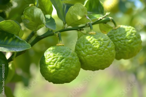 Leafy Bergamot green fruit with leaves. Half natural fresh organic citrus. Generate Ai