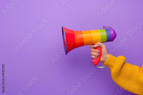 Hand holding a rainbow megaphone against purple background